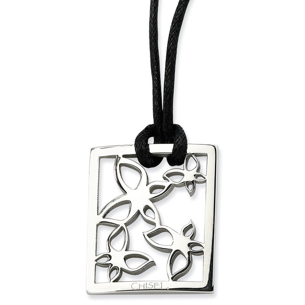 Stainless Steel Polished Square w/Flowers 22in Cord Necklace