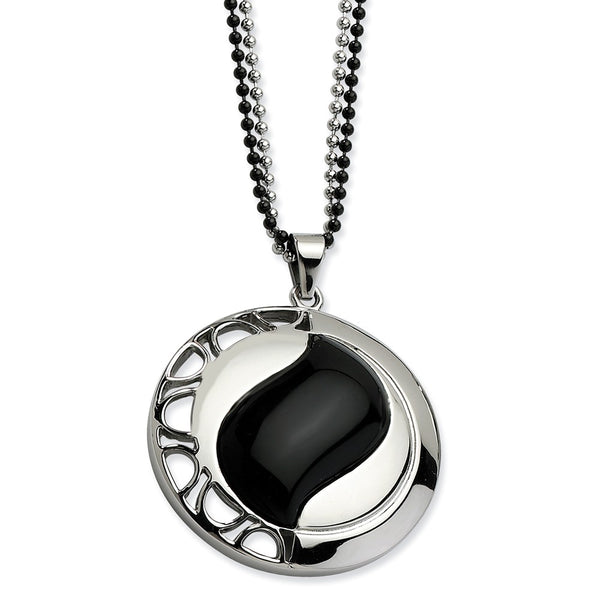 Stainless Steel Polished & Black Onyx Pendant 24in Necklace
