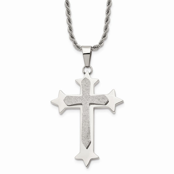 Stainless Steel Polished & Laser Cut Cross Pendant Necklace