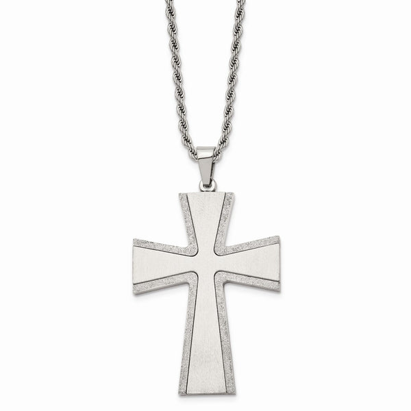 Stainless Steel Laser Cut & Brushed Cross Pendant Necklace