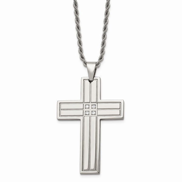 Stainless Steel Polished Cross w/CZs Pendant Necklace