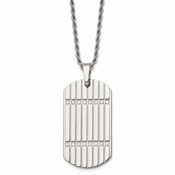 Stainless Steel CZ Dog Tag Pendant Necklace