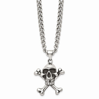 Stainless Steel Antiqued Skull & Crossbones Pendant 24in Necklace