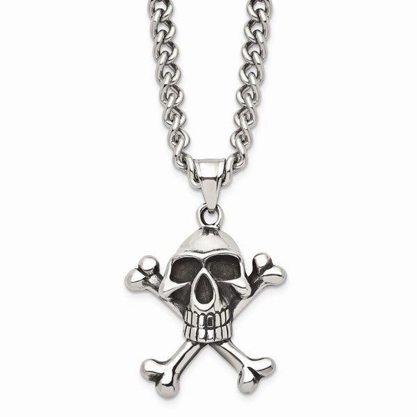 Stainless Steel Antiqued Skull & Crossbones Pendant 24in Necklace