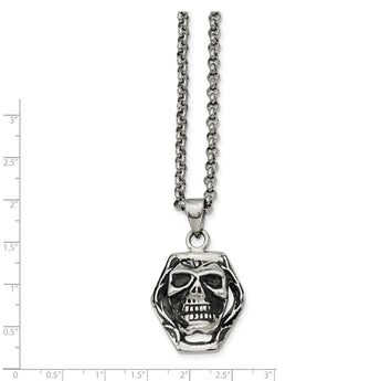 Stainless Steel Antiqued Skull Pendant 24in Necklace