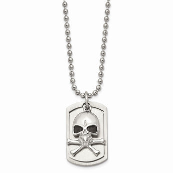 Stainless Steel Antiqued Skull & Cross Bones Dog Tag Necklace