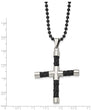Stainless Steel Black Leather & Polished Black IP-plated Cross Necklace