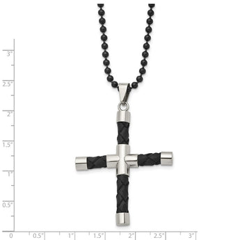 Stainless Steel Black Leather & Polished Black IP-plated Cross Necklace