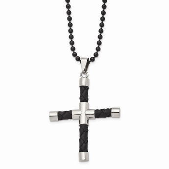 Stainless Steel Black Leather & Polished Black IP-plated Cross Necklace