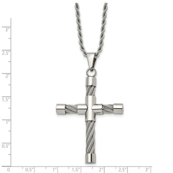 Stainless Steel Polished & Wire Cross Pendant Necklace