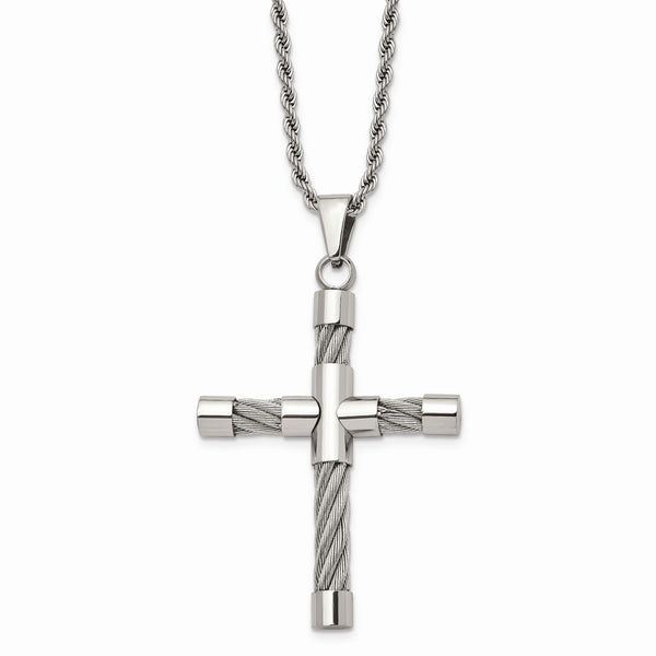 Stainless Steel Polished & Wire Cross Pendant Necklace