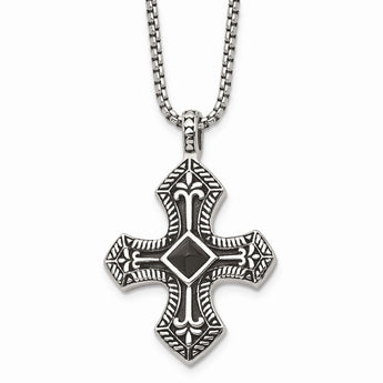 Stainless Steel Black Agate & Antiqued Cross Pendant Necklace