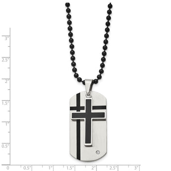 Stainless Steel Black Enamel Cross & Dog Tag w/CZ Necklace