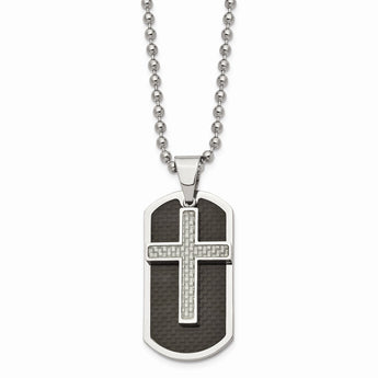 Stainless Steel Polished Blk/Grey Carbon Fiber Inlay Cross/DogTag Necklace