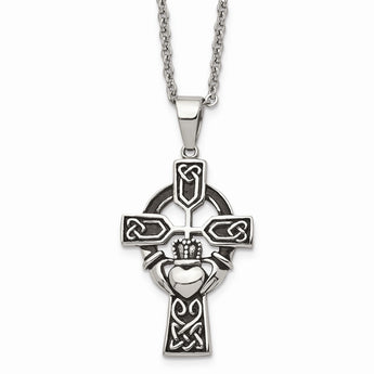 Stainless Steel Antiqued Claddagh Pendant Necklace