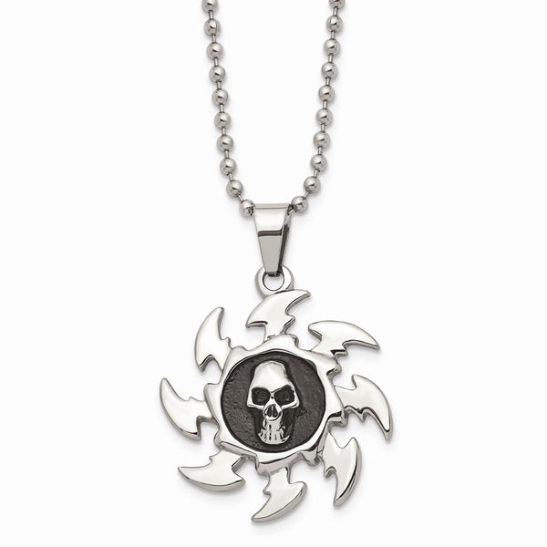 Stainless Steel Antiqued Saw Blade w/ Skull Pendant Necklace