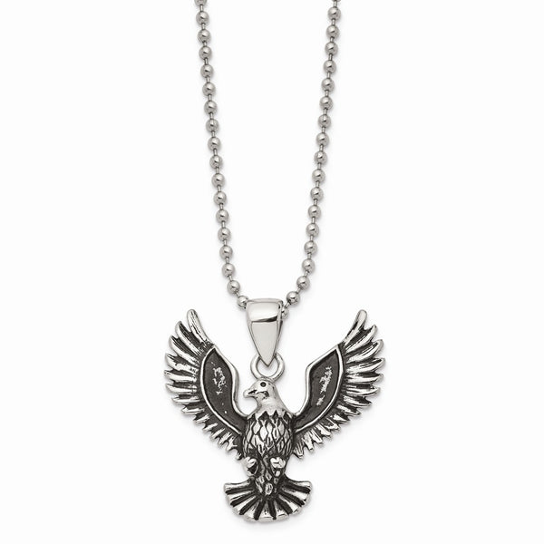 Stainless Steel Antiqued Screaming Eagle Pendant Necklace