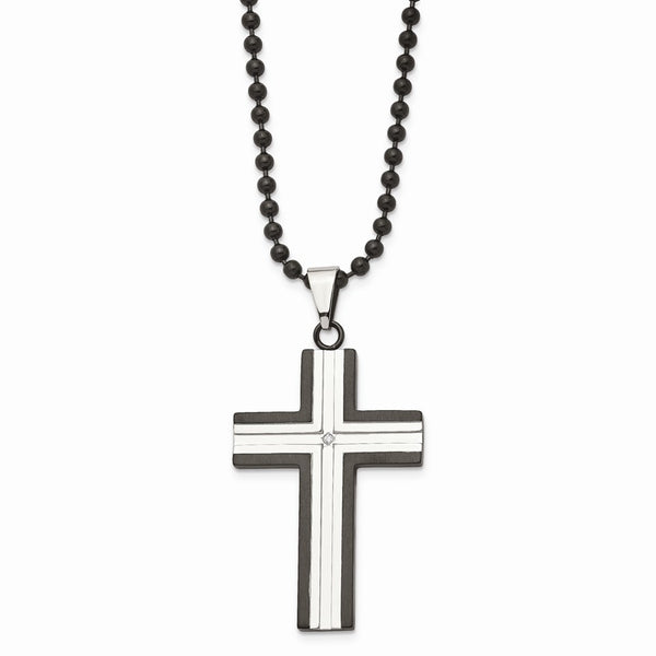 Stainless Steel IP Black-plated w/ CZ Cross Pendant Necklace