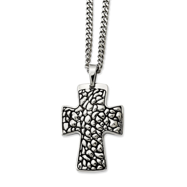 Stainless Steel Black Enamel Pebble Textured Cross Pendant Necklace