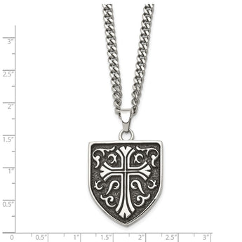 Stainless Steel Antiqued Cross Shield Pendant Necklace