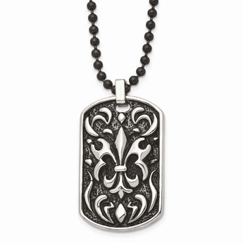 Stainless Steel Antiqued Fleur de lis Dog Tag Necklace