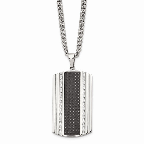 Stainless Steel Polished w/Black Carbon Fiber Inlay & CZ Dog Tag Necklace