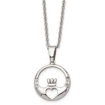 Stainless Steel Claddagh with CZs Pendant Necklace