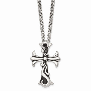 Stainless Steel Antiqued Fancy Scroll Cross Pendant Necklace