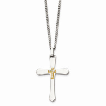 Stainless Steel 14k Accent w/ Diamonds Cross Necklace