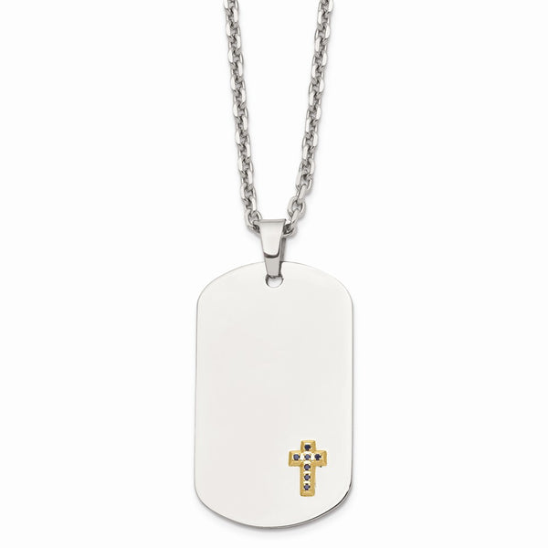 Stainless Steel 14k w/Sapphires Cross Dog Tag Necklace