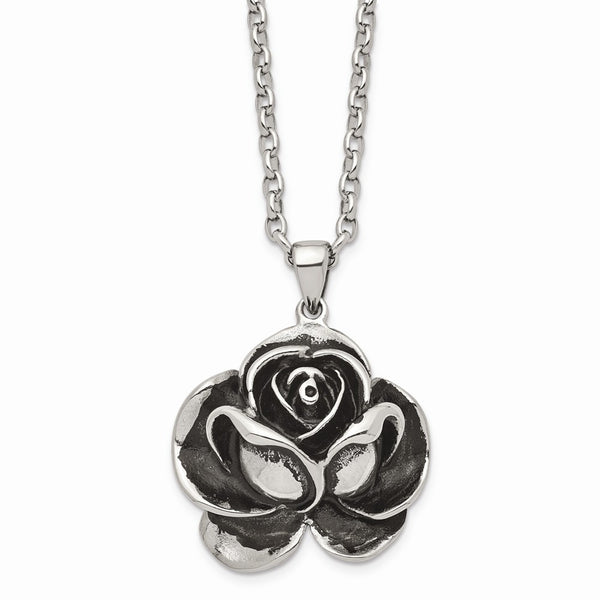 Stainless Steel Antiqued Flower Pendant Necklace