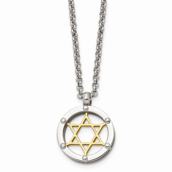 Stainless Steel Polished & Gold IP-plated Star of David Necklace