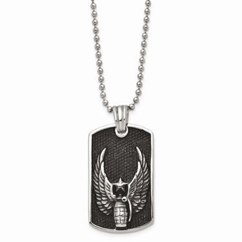 Stainless Steel Antiqued Wings Dog Tag Pendant Necklace