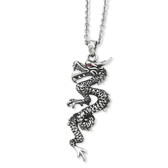 Stainless Steel Antiqued Dragon with Red CZ Eye with ext Necklace