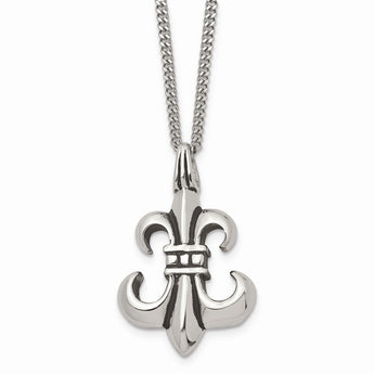 Stainless Steel Antiqued & Polished Fleur de lis Necklace