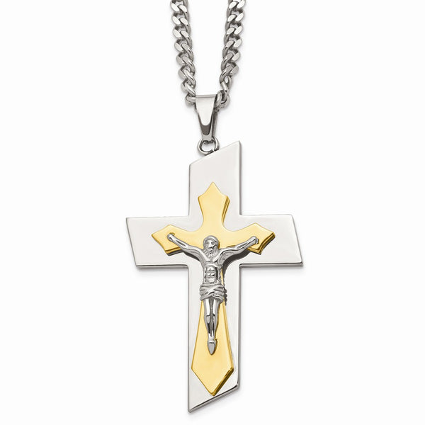 Stainless Steel Polished & Gold IP-plated Crucifix Pend Necklace