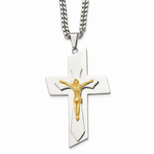 Stainless Steel Polished & Yellow IP-plated Crucifix Necklace