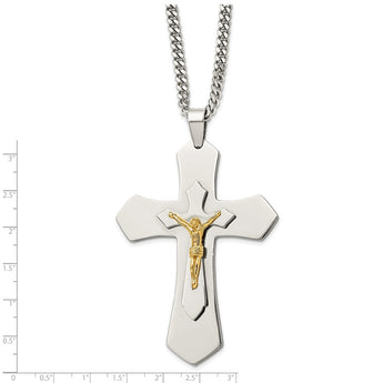 Stainless Steel Polished & Yellow IP-plated Crucifix Necklace