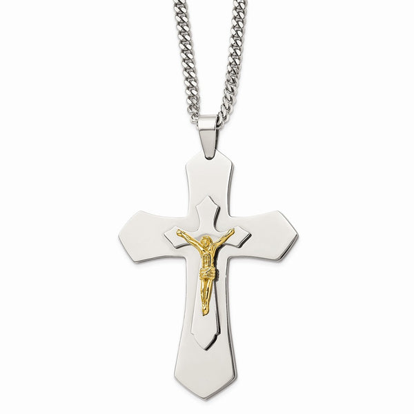 Stainless Steel Polished & Yellow IP-plated Crucifix Necklace