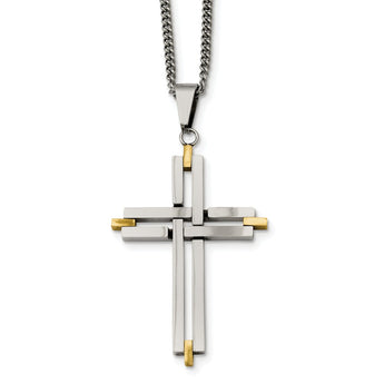 Stainless Steel Polished & Yellow IP-plated Cross Necklace