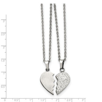 Stainless Steel 1/2 Heart Brushed & 1/2 Heart Crystal Necklace Set