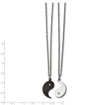 Stainless Steel 1/2 Black IP-plated Yin w/CZ & 1/2 Yang Necklace Set