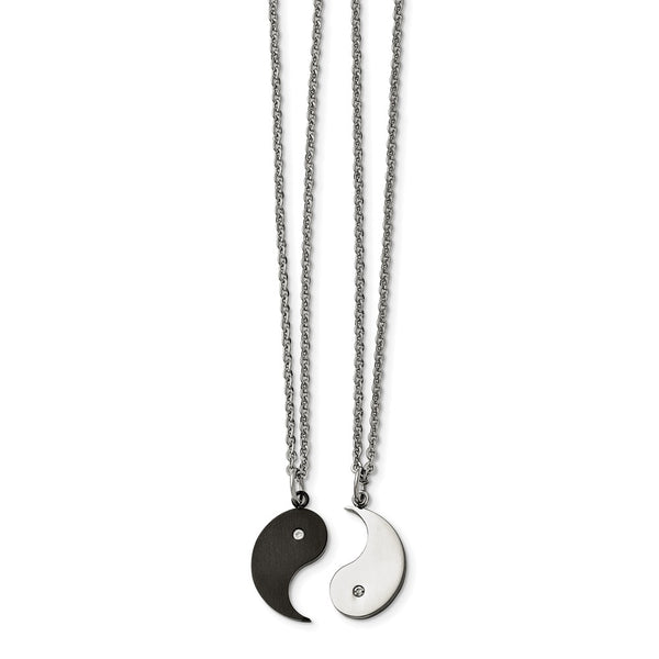Stainless Steel 1/2 Black IP-plated Yin w/CZ & 1/2 Yang Necklace Set