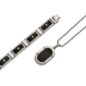Stainless Steel Polished Black Carbon Fiber Inlay Bracelet/Necklace Set