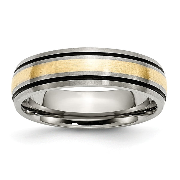 Titanium Grooved 14k Yellow Inlay 6mm Brushed and Antiqued Band