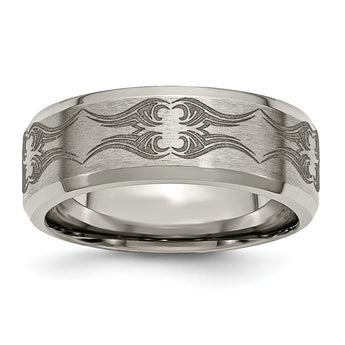 Titanium Beveled Edge 8mm Laser Design Brushed & Polished Band