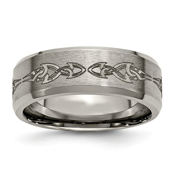 Titanium Beveled Edge 8mm Laser Design Brushed & Polished Band