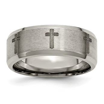 Titanium Beveled Edge 8mm Laser Design Brushed & Polished Band