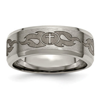 Titanium Beveled Edge 8mm Laser Design Brushed & Polished Band