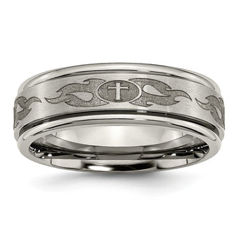 Titanium Ridged Edge 8mm Laser Design Brushed & Polished Band